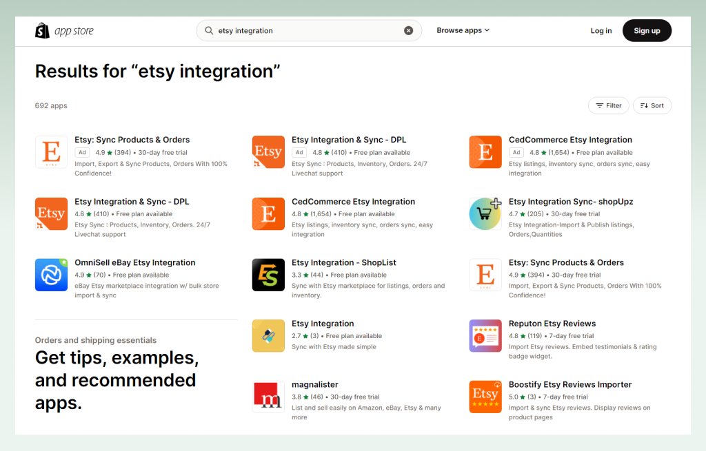 Etsy integration apps on Shopify app stores to help integrate Etsy with Shopify