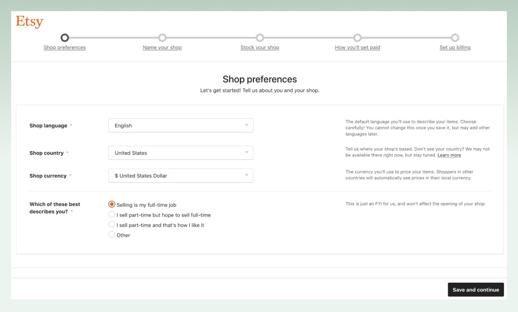 Etsy online store setup